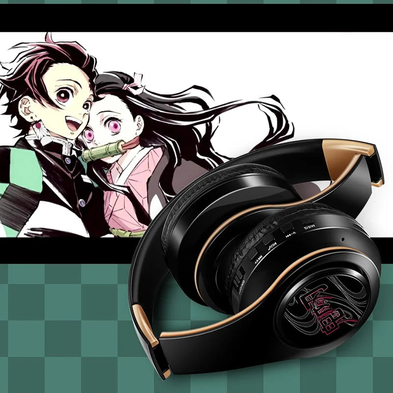 Demon Slayer Kamado Tanjirou Anime Bluetooth Headphones – Wireless Gaming Headset with Mic, TF Card Support, Deep Bass Anime Earphones V5.0