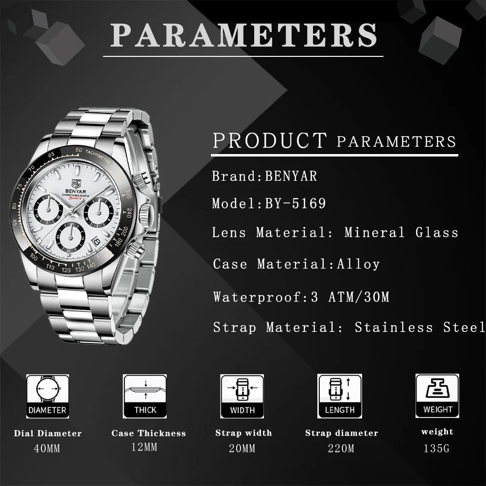 Relojes Hombre 2026 BENYAR New  Watches Men Luxury Brand Chronograph Male Sport Watches Waterproof Stainless Steel Quartz  Watch