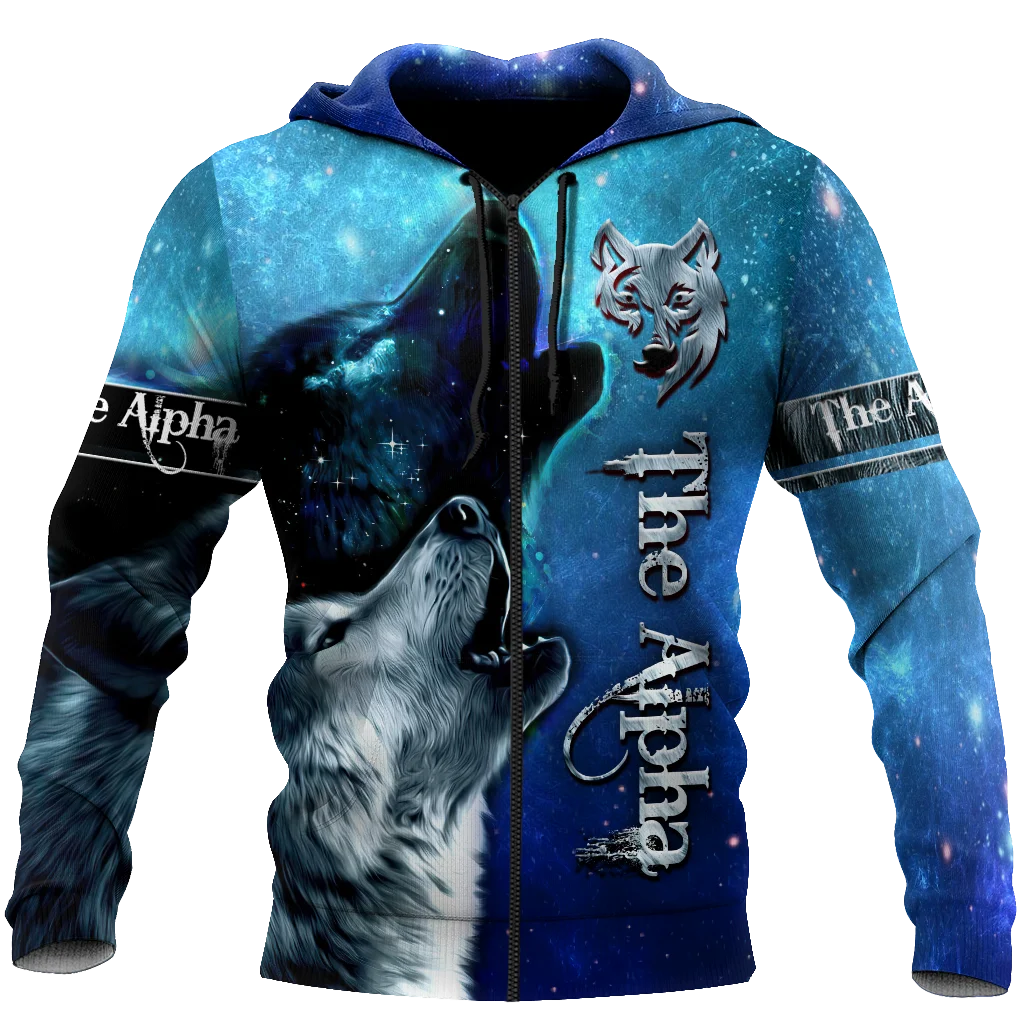 Sweatshirt com Capuz Deluxe Unissexo Beautiful The Wolf, Céu Estrelado 3D, Estampado Integral, com Fecho, Casaco Casual de Treino DW0327