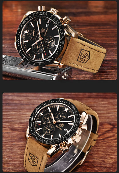 Relógios de luxo para homem BENYAR – Relógios de pulso de quartzo com bracelete em pele, resistentes à água até 30 m, estilo desportivo.