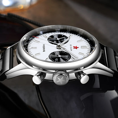 Red Star Panda Mens 1963 Chronograph Mechanical Wristwatch Seagull st1901 Movement Gooseneck 40mm Luminous Sapphire Pilot Watch