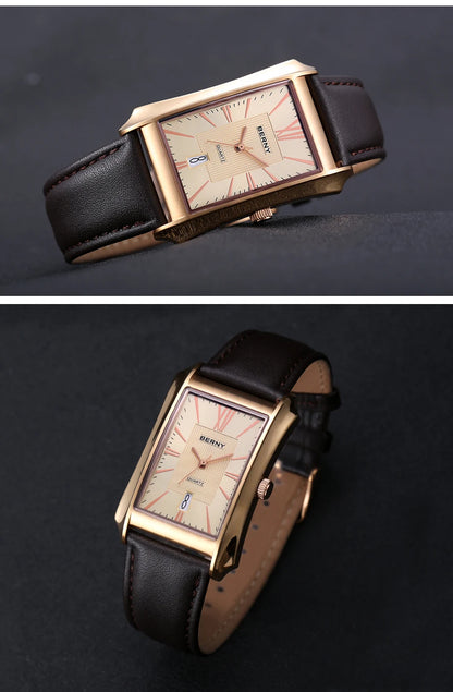 BERNY Watch for Men Rectangle Japan Quartz Wristwatch Waterproof Business Rectangular Dress Male Clock Top Genuine Leather Strap
