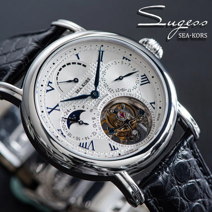 Sugess Seakors Men's Tourbillon Watch Original ST8007 Movement Skeleton Dial Moonphase Wristwatch 316L Case Sapphire