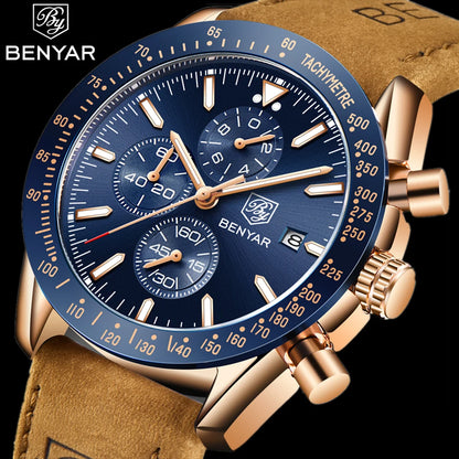 Relógios de luxo para homem BENYAR – Relógios de pulso de quartzo com bracelete em pele, resistentes à água até 30 m, estilo desportivo.