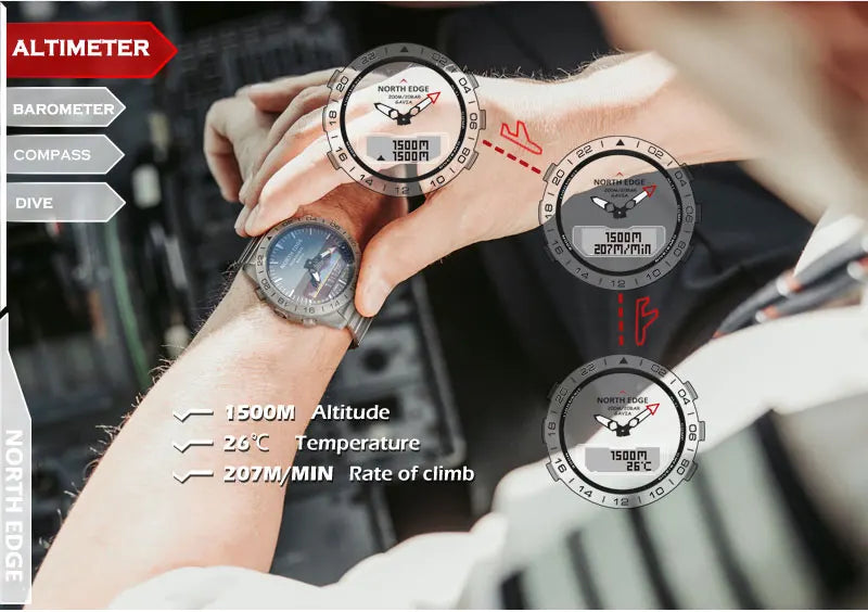 NORTH EDGE Men's Dive Watch Military Army Luxury Full Steel Smartwatch Compass Altimeter Barometer Digital Clock Waterproof 200m