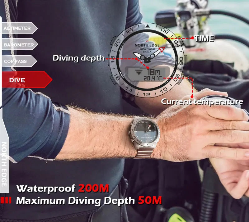 NORTH EDGE Men's Dive Watch Military Army Luxury Full Steel Smartwatch Compass Altimeter Barometer Digital Clock Waterproof 200m
