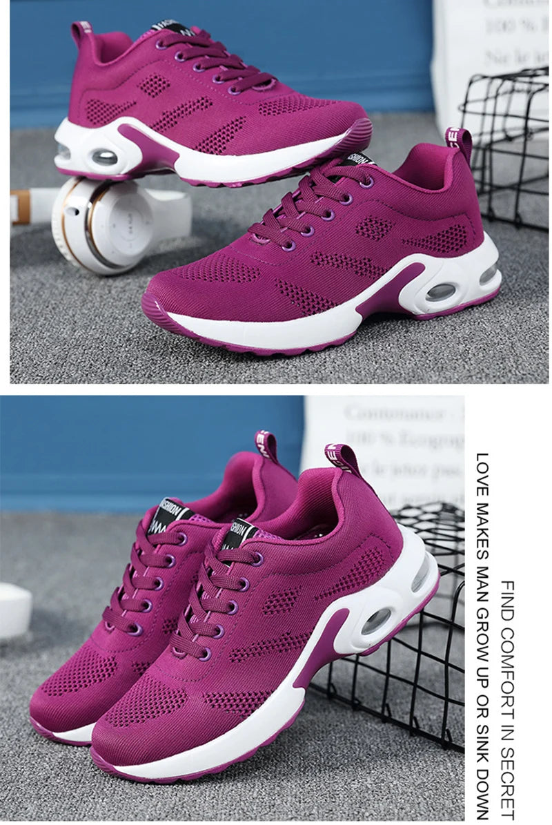 Fashion Women's Lightweight Sneakers Running Outdoor Sports Breathable Mesh Comfortable Air Cushion Lace-Up Shoes