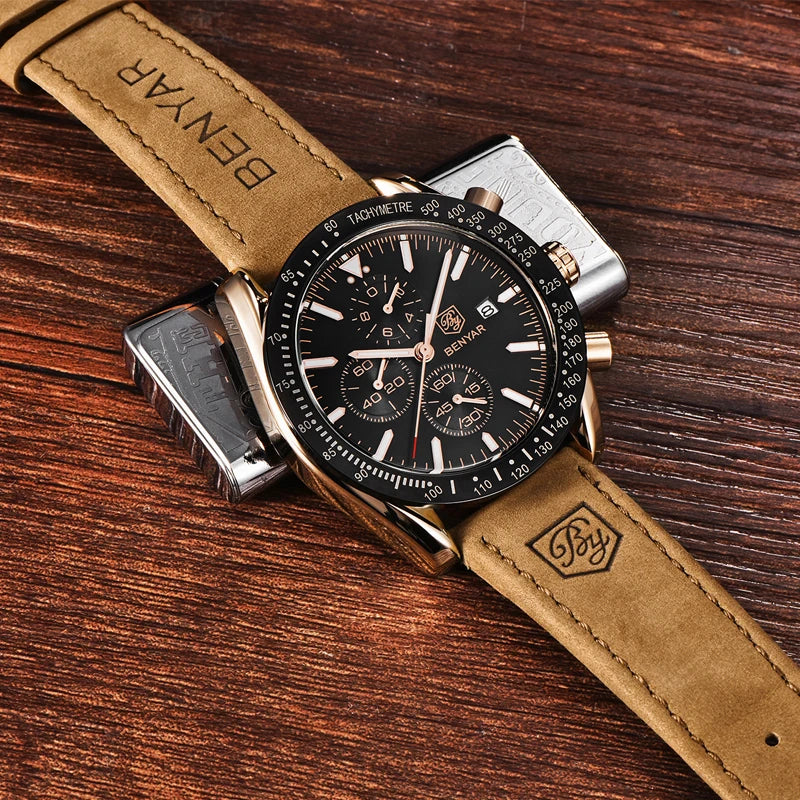 Relógios de luxo para homem BENYAR – Relógios de pulso de quartzo com bracelete em pele, resistentes à água até 30 m, estilo desportivo.