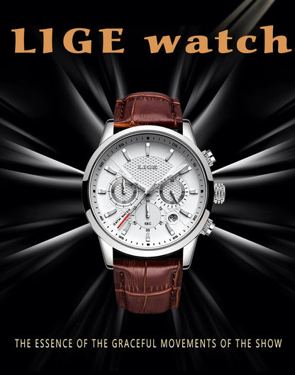 2025 New Mens Watches LIGE Top Brand Luxury Leather Casual Quartz Watch Men's Sport Waterproof Clock Watch Relogio Masculino+Box