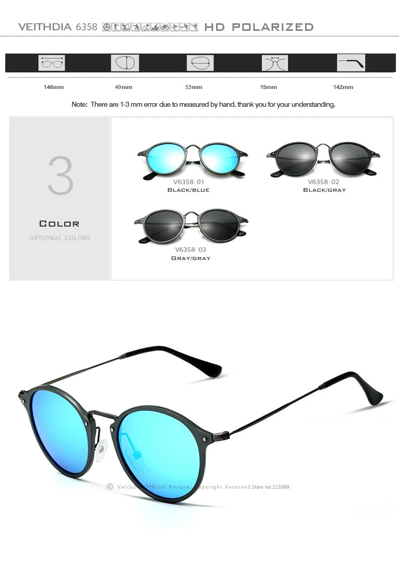 VEITHDIA Herr-solglasögon, fashionabla, runda, unisex, polariserade, spegelbelagda, sport- och bilkörningsglasögon för män och kvinnor 6358