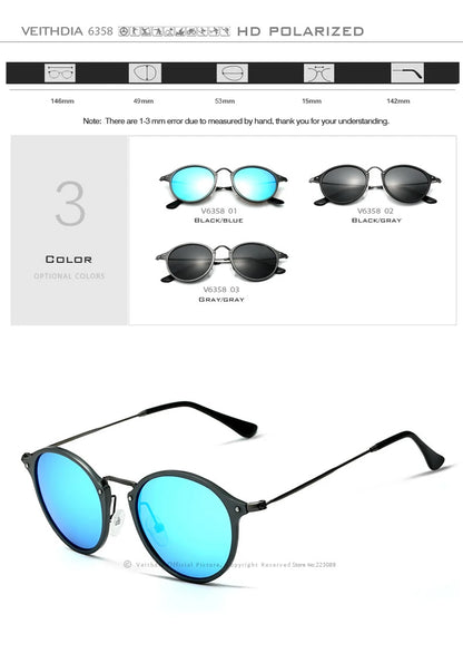 VEITHDIA Herr-solglasögon, fashionabla, runda, unisex, polariserade, spegelbelagda, sport- och bilkörningsglasögon för män och kvinnor 6358