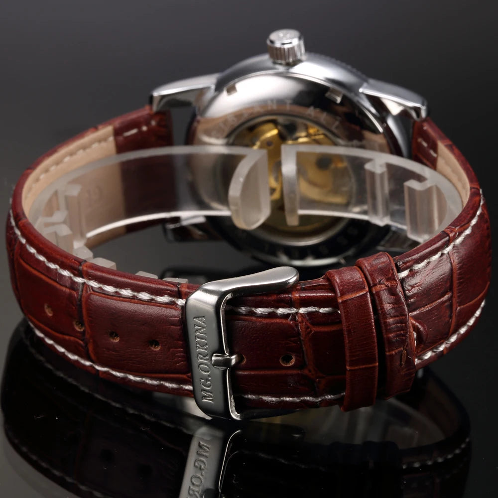 Men Wrist Watches Luxury Golden Skeleton Mechanical Steampunk Male Clock Automatic Wristwatch Leather Strap Herren Horloges
