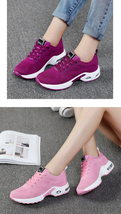 Fashion Women's Lightweight Sneakers Running Outdoor Sports Breathable Mesh Comfortable Air Cushion Lace-Up Shoes