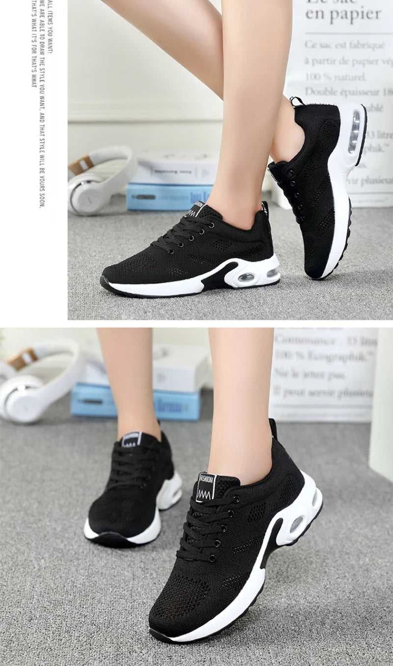 Fashion Women's Lightweight Sneakers Running Outdoor Sports Breathable Mesh Comfortable Air Cushion Lace-Up Shoes