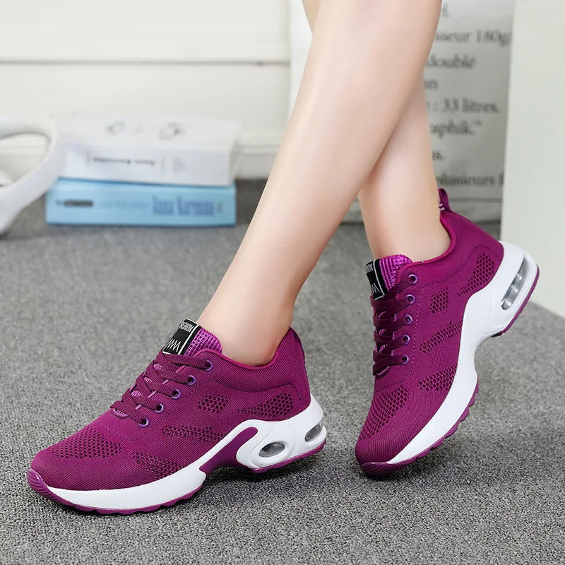 Fashion Women's Lightweight Sneakers Running Outdoor Sports Breathable Mesh Comfortable Air Cushion Lace-Up Shoes