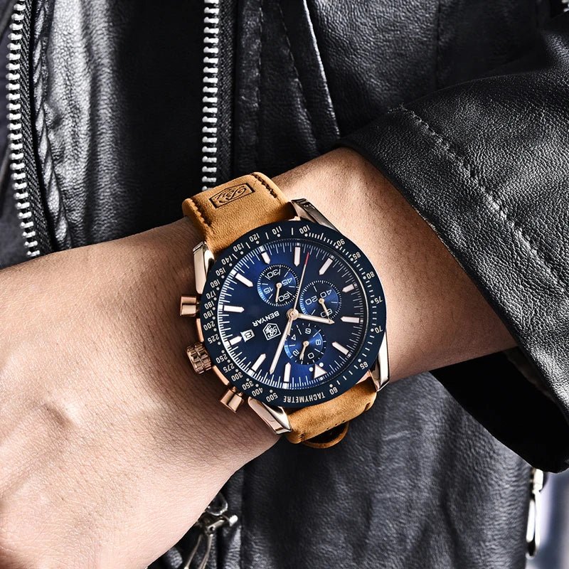 Relógios de luxo para homem BENYAR – Relógios de pulso de quartzo com bracelete em pele, resistentes à água até 30 m, estilo desportivo.
