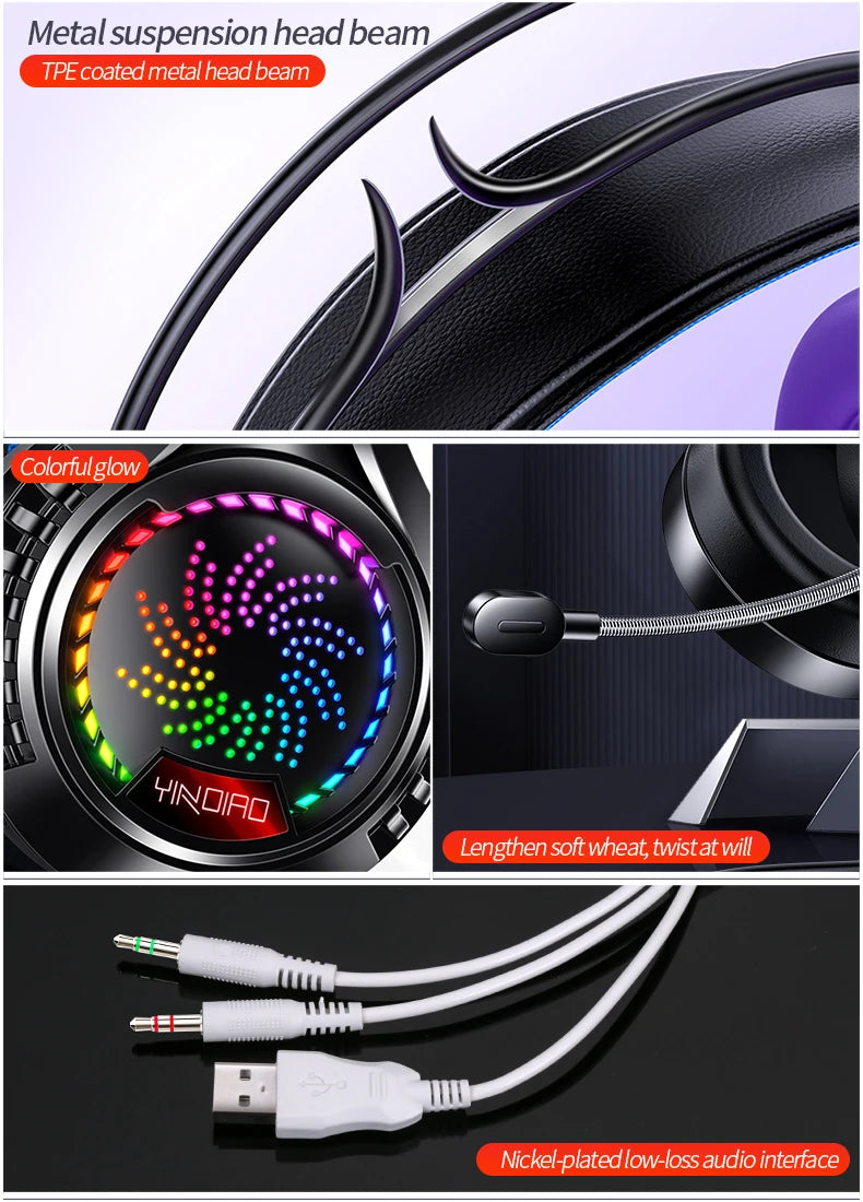 RGB Gaming Headset with Microphone 7.1 Surround HD Sound Stereo Dual 3.5mm USB Wired Headphone For PS5 PC Laptop Phone