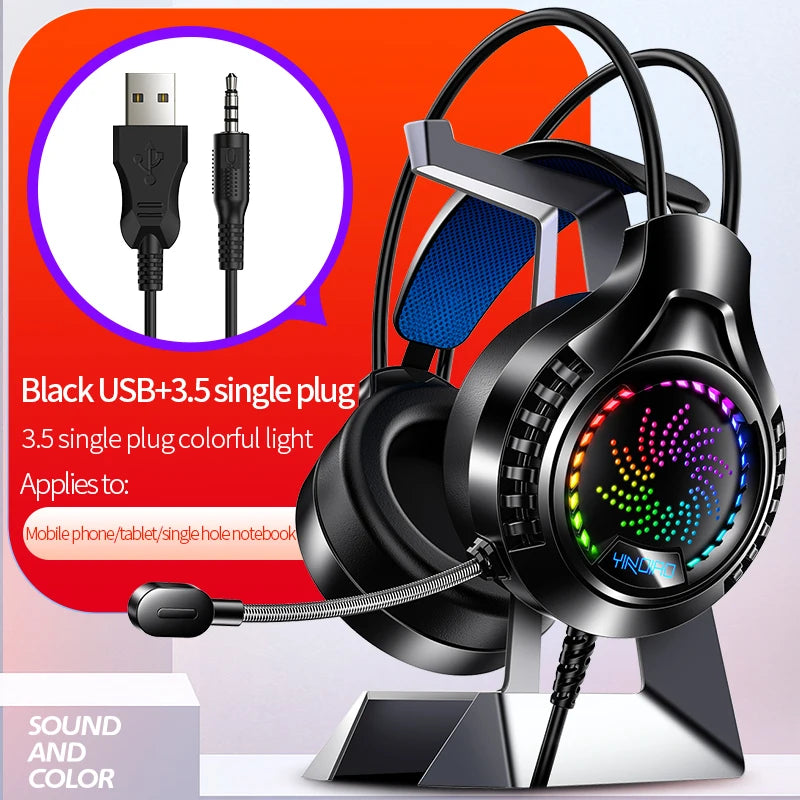 RGB Gaming Headset with Microphone 7.1 Surround HD Sound Stereo Dual 3.5mm USB Wired Headphone For PS5 PC Laptop Phone