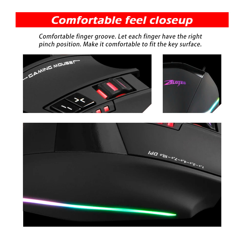 ZELOTES C-13 RGB Gaming Mouse with Side Buttons Macro Programming 10000DPI Adjustable 13 Key Wired USB Backlit Mouse for Desktop