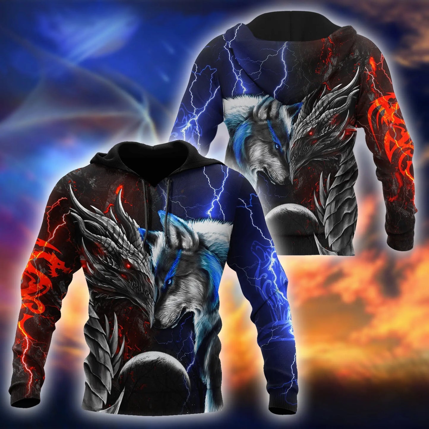 Červeno-modrý drak a vlk 3D tištěná módní pánská podzimní mikina s kapucí, unisex streetwear, ležérní mikina na zip / pulovr KJ494