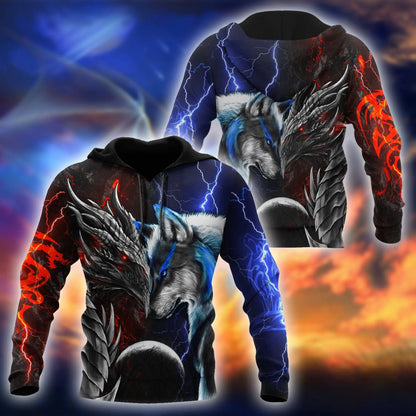 Červeno-modrý drak a vlk 3D tištěná módní pánská podzimní mikina s kapucí, unisex streetwear, ležérní mikina na zip / pulovr KJ494