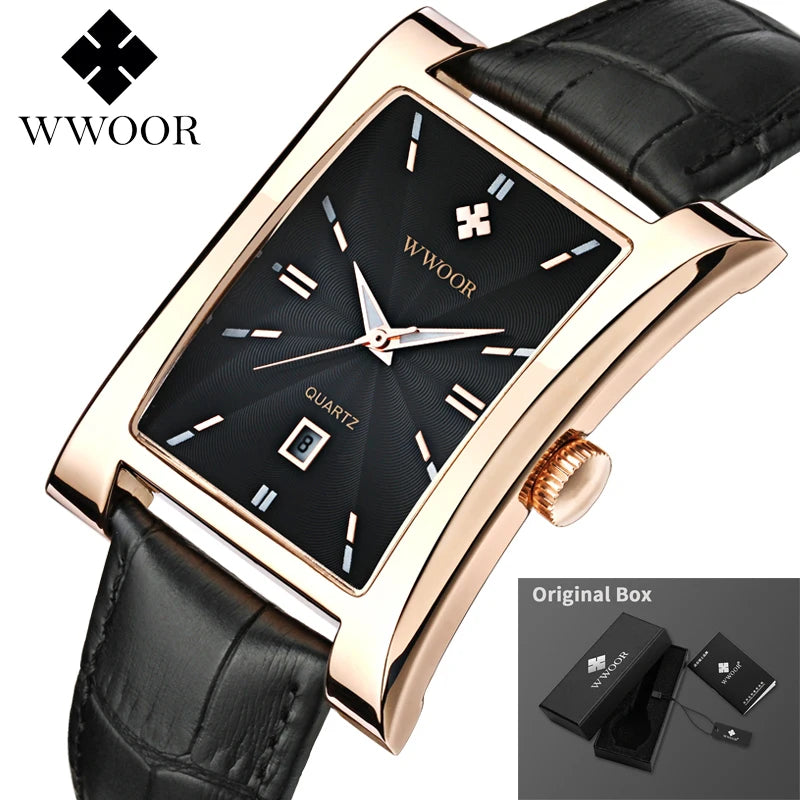WWOOR Brand Classic Fashion Mens Rectangle Watches Male Gold Brown Leather Quartz Waterproof Wrist Watch For Men Calendar Clocks