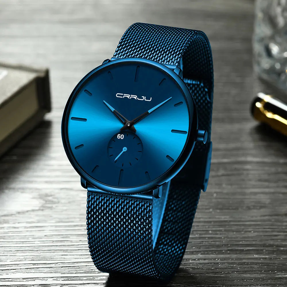 CRRJU herreur – Luksuriøst kvartsur i afslappet stil, slankt, med armbånd i stålmasker, vandtæt og sporty.