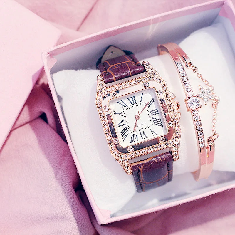 Square Women Watches Waterproof Luxury Rhinestone Quartz Wristwatch PU Leather Ladies Watch Female Ladies Watch Gift Wrist Watch
