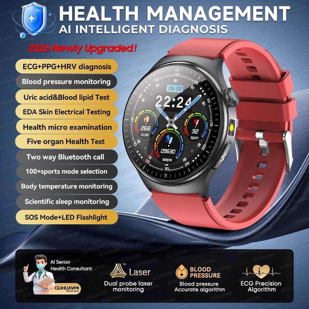 2026New AI-Diagnosis Care Smartwatch ECG+PPG Accurate Uric Acid Blood Pressure Body Fat Five organ Fitness Waterproof Smartwatch