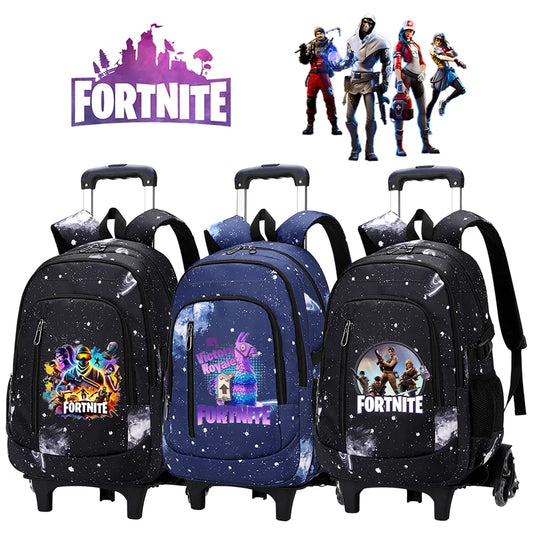 Fortnite 2 in 1 Trolley Backpack Starry Sky Print Large Capacity Waterproof Laptop Bag Stair Climbing Design Student Schoolbag