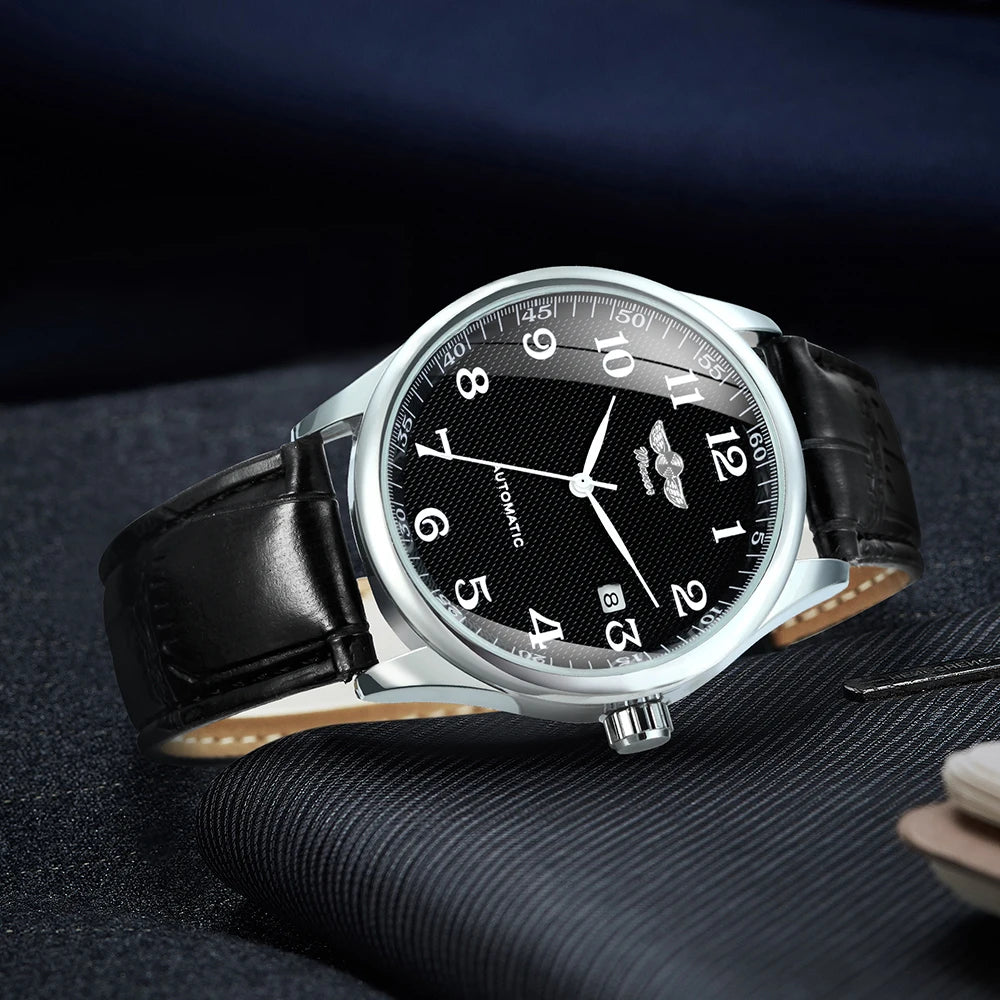 WINNER herreur – Klassisk, retro og elegant stil – Mekanisk automatisk ur med kalender – Luksusmærke, stålurkasse og læderrem