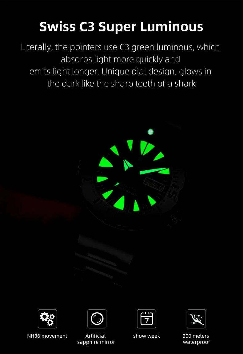 HEIMDALLR V2 Monster Men's Automatic Diver Watch Sapphire Crystal 20Bar Waterproof NH36A Snowflake Blue Dial Mechanical Watches
