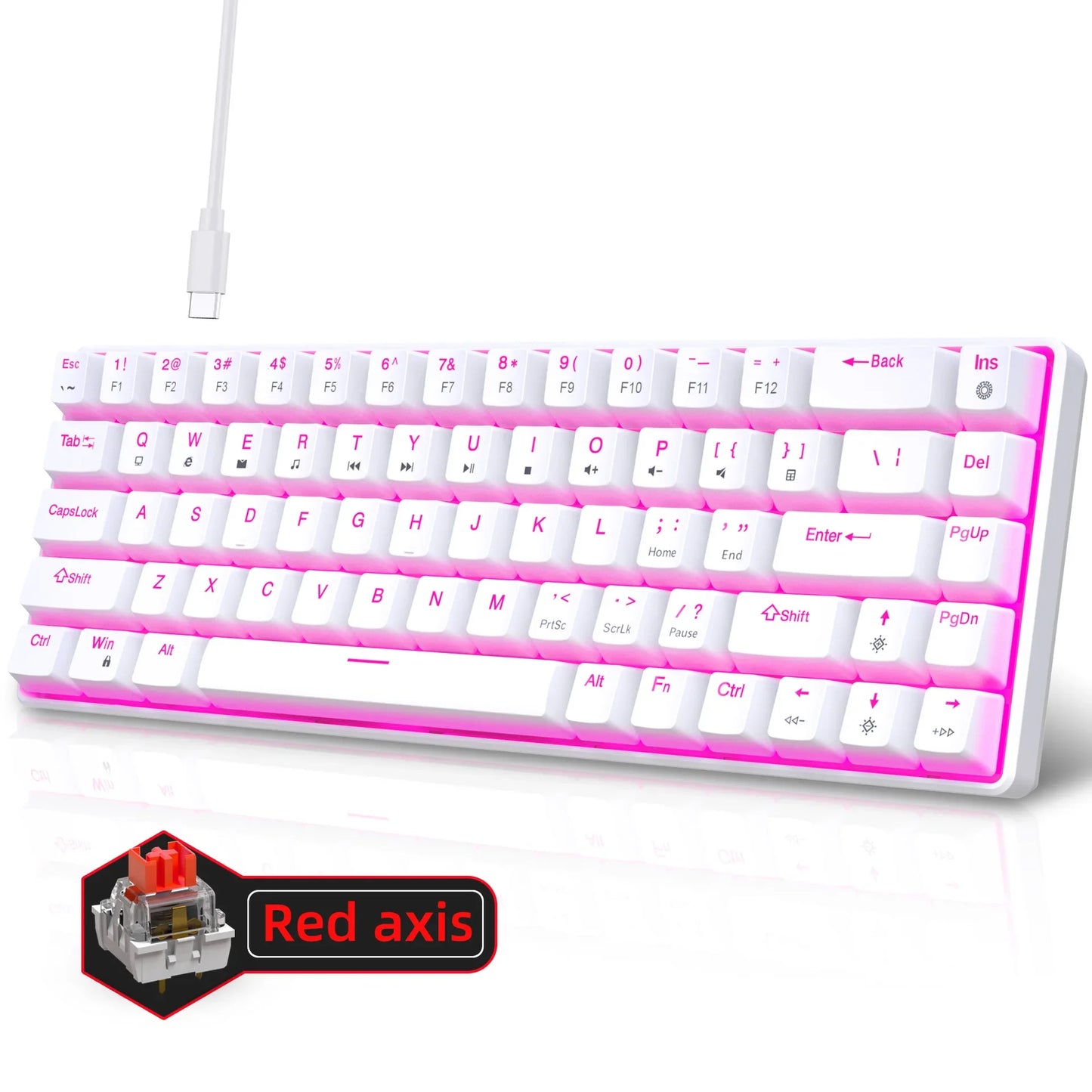 Teclado mecánico gaming 60% USB con teclas blancas, mini teclado gamer ergonómico para ordenador con retroiluminación y música