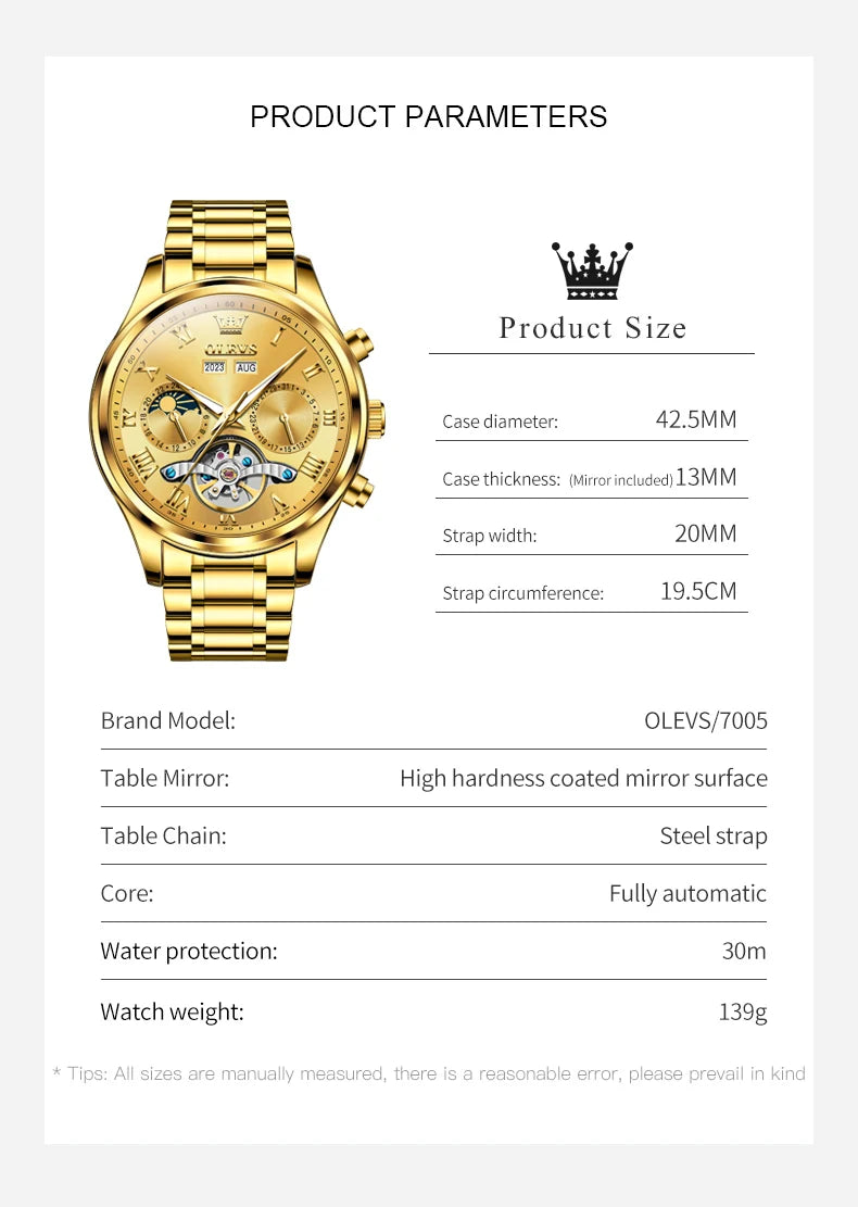 OLEVS 7005 Classic Business Mechanical Wristwatch for Men Skeleton Flywheel 24 Hour Moon Phase Calendar Luxury Men's Watch
