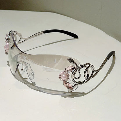 Ochelari de soare KAMMPT fără ramă Y2k cu strasuri, pentru femei, monobloc, pentru activități în aer liber, cu design la modă și lentile cu gradient