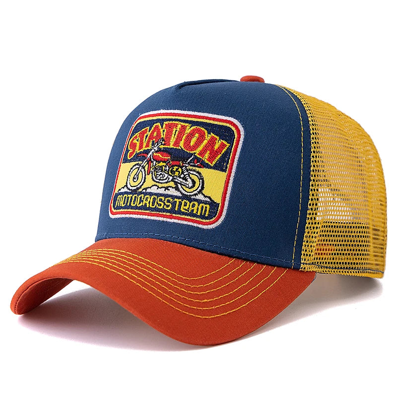 Unisex-mesh-trucker-kasket med klassisk motorcykelmønster, åndbar sommer-baseballkasket, streetwear-kasket til mænd og kvinder