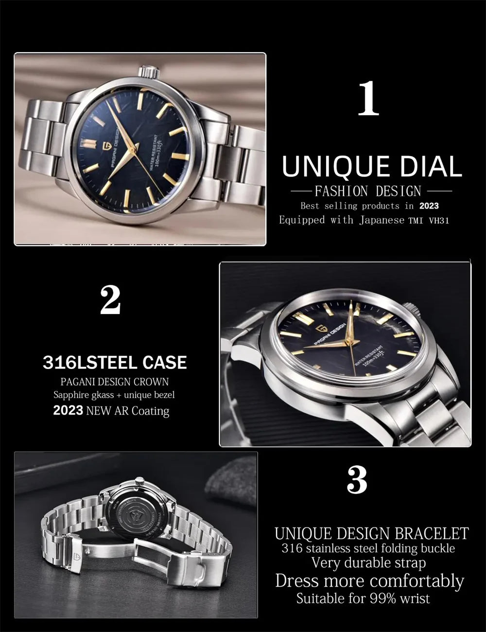 PAGANI DESIGN 40MM Meteorite dial Men Quartz Watches Luxury Business 316L Stainless Steel 100M Waterproof Watch For Men clock