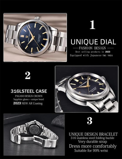 PAGANI DESIGN 40MM Meteorite dial Men Quartz Watches Luxury Business 316L Stainless Steel 100M Waterproof Watch For Men clock