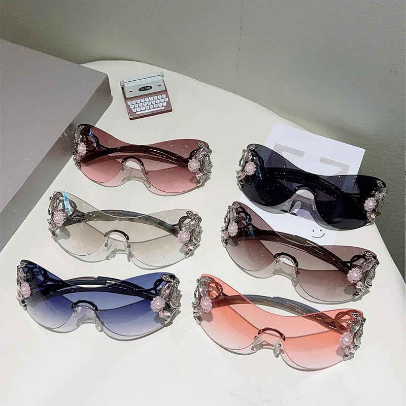 Ochelari de soare KAMMPT fără ramă Y2k cu strasuri, pentru femei, monobloc, pentru activități în aer liber, cu design la modă și lentile cu gradient