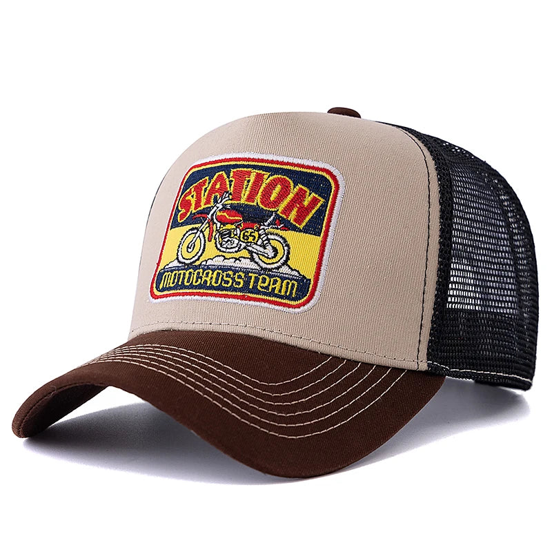 Unisex-mesh-trucker-kasket med klassisk motorcykelmønster, åndbar sommer-baseballkasket, streetwear-kasket til mænd og kvinder