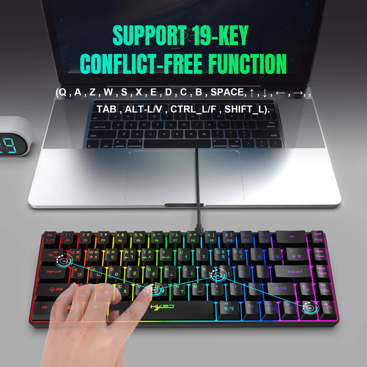 Tragbare HXSJ V200 68-Tasten-Gaming-Tastatur mit koreanischem Layout, 65%, kabelgebundene Office-Membrantastatur mit RGB-Hintergrundbeleuchtung für Desktop-PCs und Laptops