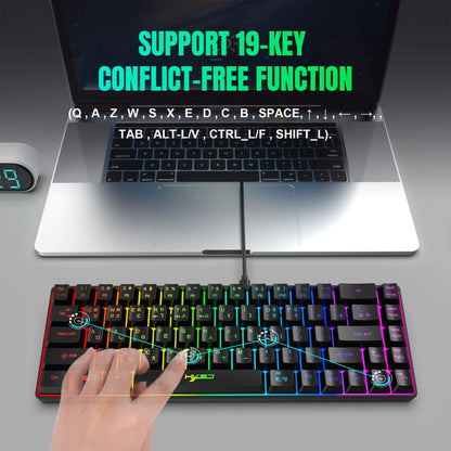Tragbare HXSJ V200 68-Tasten-Gaming-Tastatur mit koreanischem Layout, 65%, kabelgebundene Office-Membrantastatur mit RGB-Hintergrundbeleuchtung für Desktop-PCs und Laptops