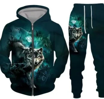 New 3D printed long sleeved hooded sweatshirt set for spring and autumn men's sportswear zipper sweatshirt