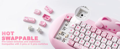 YUNZII C68 Pink 65% Hi-Fi Cute Cat Silicone Hot Swap NKRO Ergonomic Wireless BT5.0/2.4G/Wired RGB Mechanical Gaming Keyboard