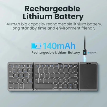 Tri-Bluetooth Keyboard Tri-fold keyboard with Touchpad Portable Mini Keyboard Rechargeable Keyboard for PC Windows Android IOS