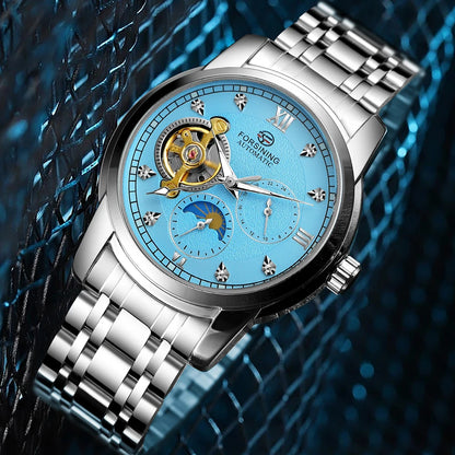 Forsining mekanisk automatisk herreur – Luksus-, forretnings- og modestil, metalarmbånd, tourbillon, selvlysende visere, prydet med syntetiske diamanter