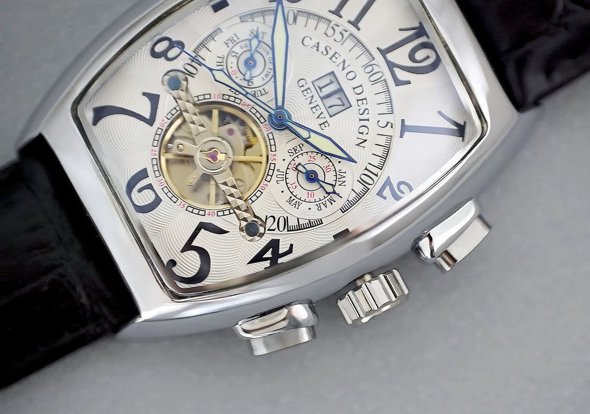 CASENO Top Luxury Brand Men's Fully Automatic Mechanical Tourbillon Watch Calendar Night Glow Tonneau Skeleton Watch -577G