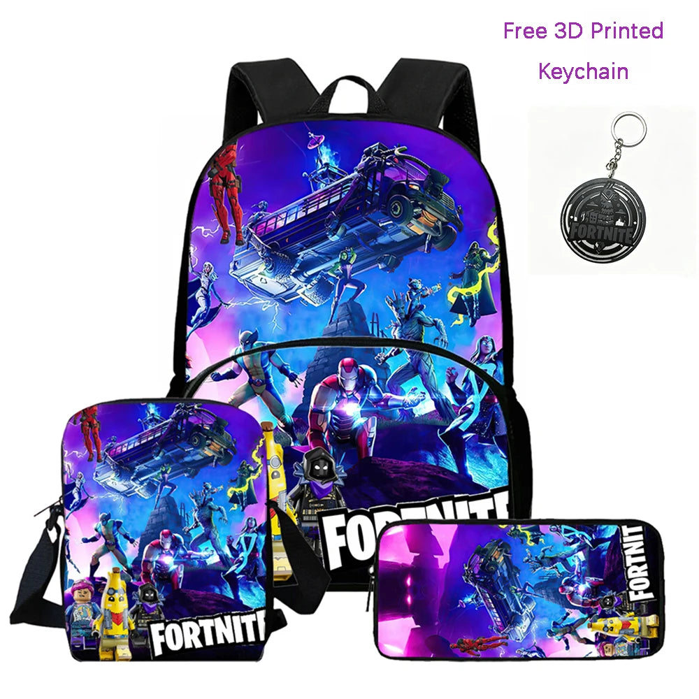 FORTNITE 3-Piece Lightweight Backpack Set with Front Pocket, Crossbody Bag & Pencil Case for Ages 5-10 Boys and Girls, Includes Free 3D Printed Keychain