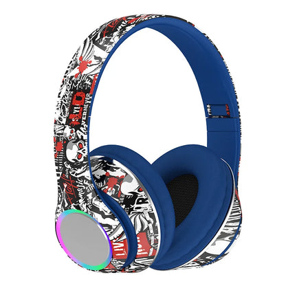 P85 Graffiti Wireless Headset Bluetooth 5.3 Gamer Headphones with Microphone Overhead Headphone with LED Light Foldable FM Radio
