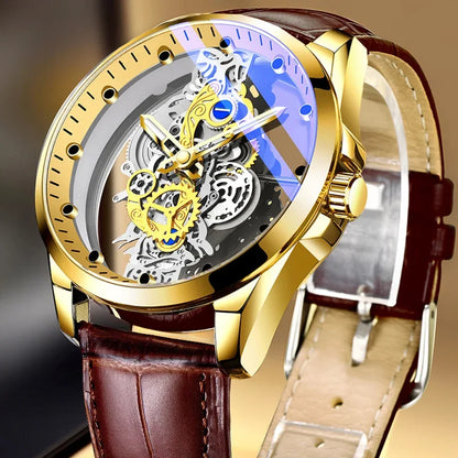 Relógio de moda para homem, modelo com abertura dupla, estilo luxuoso dourado, imitação de turbilhão mecânico, movimento de quartzo.